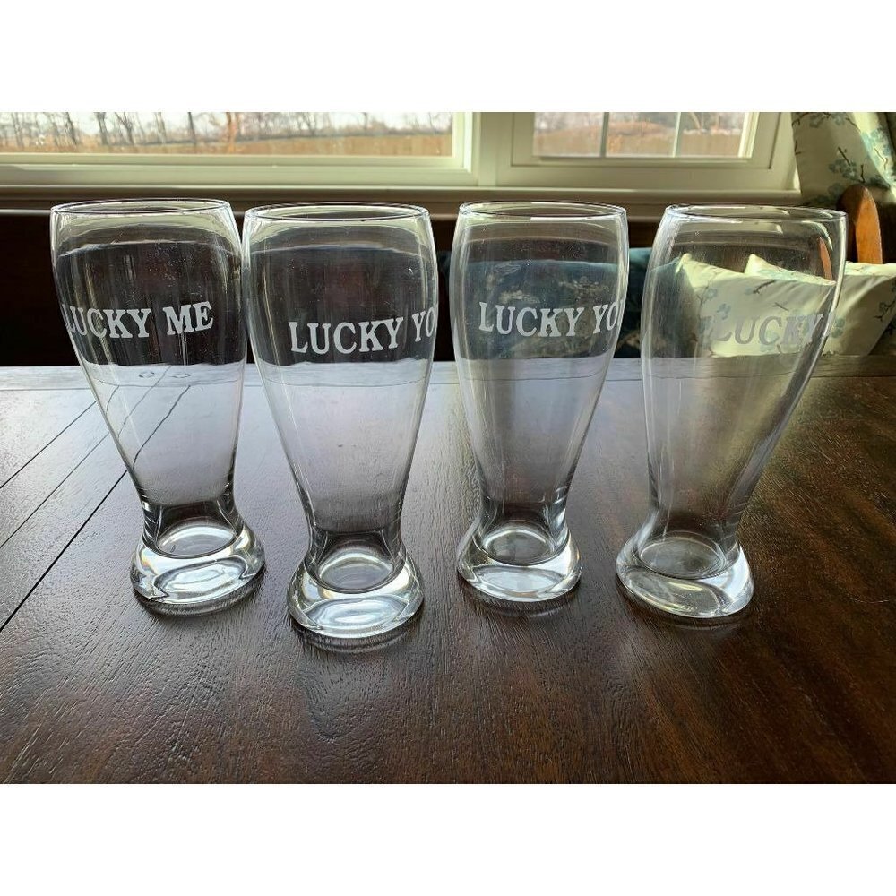 - Lazyboy Promotion Beer Pilsners Glasses 4 - 23 oz "Lucky Me" & "Lucky Yo…